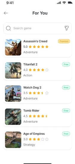 Gaming app screen 1